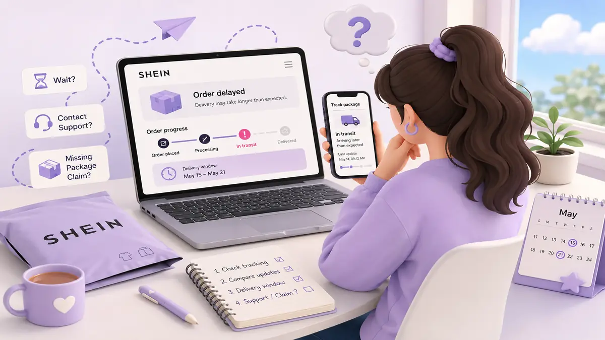 Shopper reviewing a delayed SHEIN order with tracking updates, delivery window, and package support options.