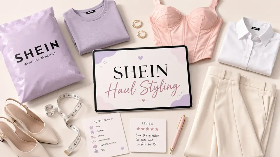 Pastel flat-lay illustration of a SHEIN haul styling setup with clothing pieces, a tablet, measuring tape, shoes, and outfit planning cards.