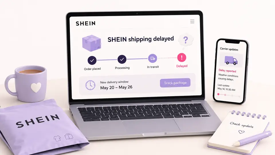 Laptop showing a SHEIN shipping delayed update with carrier tracking, package, and delivery window details. 