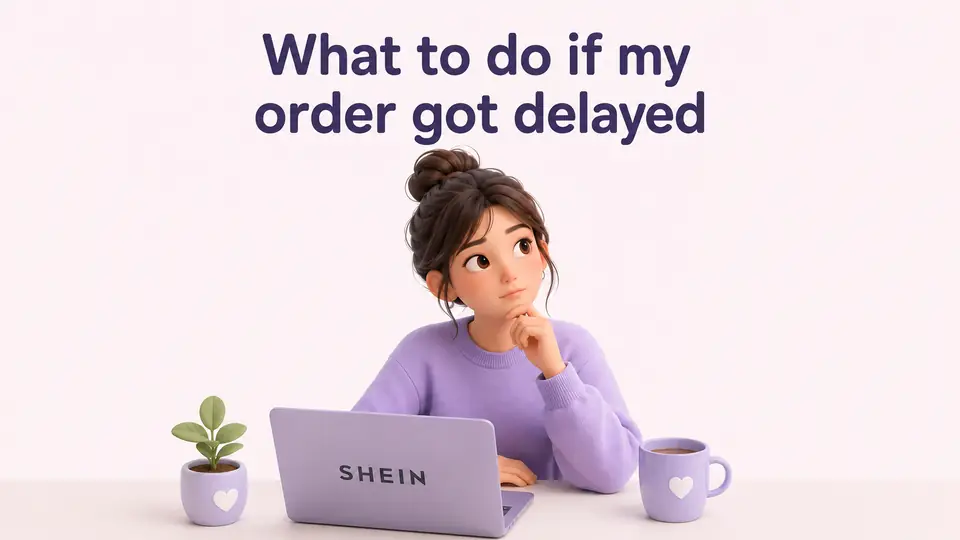 Illustration of a shopper thinking about a delayed order with a laptop and the text “What to do if my order got delayed.”