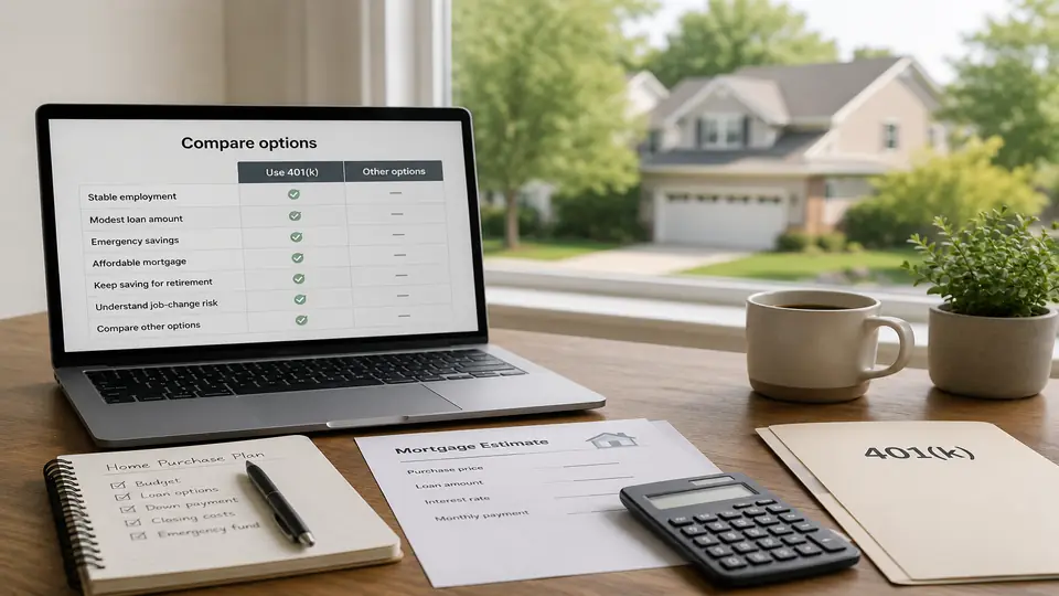 Laptop showing 401(k) and home buying comparison options on a desk with mortgage papers, calculator, savings documents, and a house in the background.
