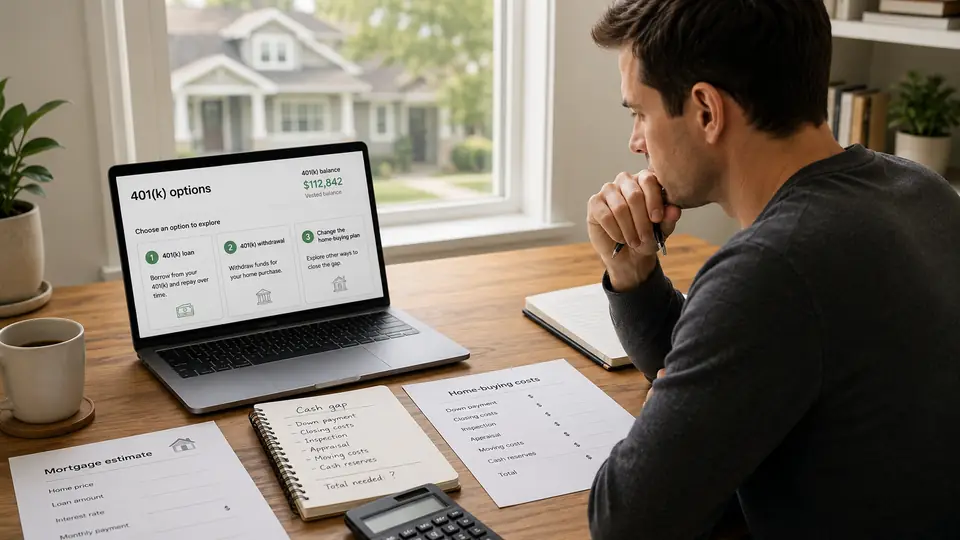 Man reviewing 401(k) options, mortgage estimates, and home-buying costs on a laptop with a house in the background.
