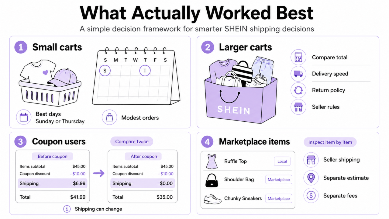 Infographic titled What Actually Worked Best showing a decision framework for SHEIN shipping: small carts, larger carts, coupon comparison, and Marketplace items.