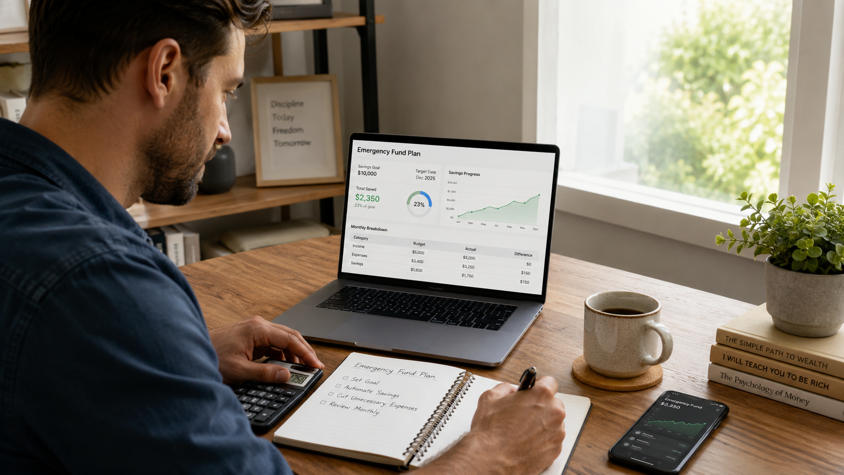 emergency fund planning with laptop, savings dashboard, notebook, and calculator