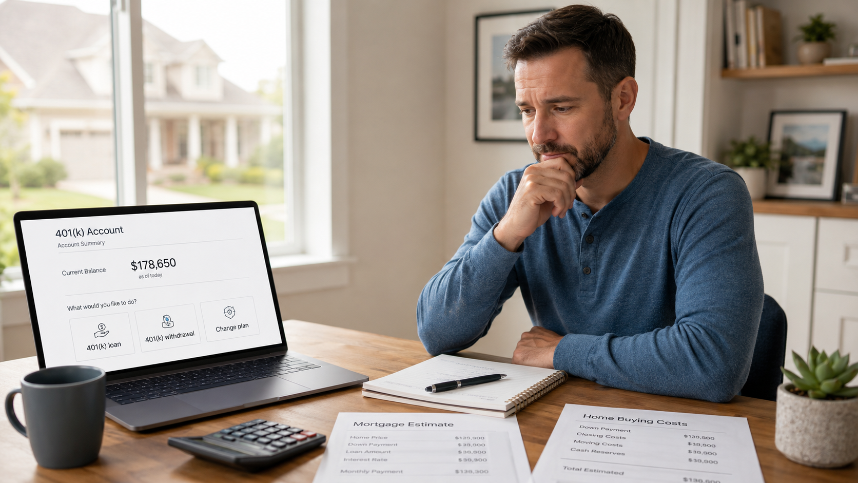 Man reviewing 401(k) loan and withdrawal options while comparing mortgage estimates and home-buying costs.
