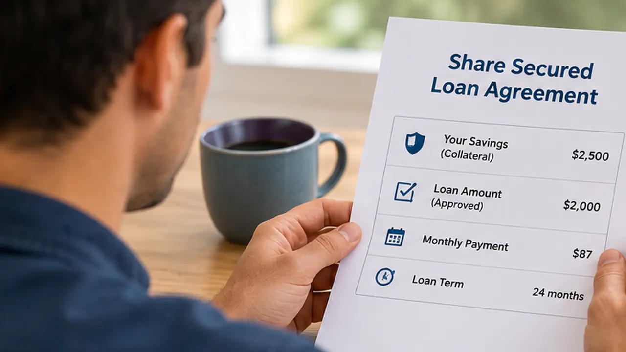 Credit union member reviewing a share secured loan backed by savings