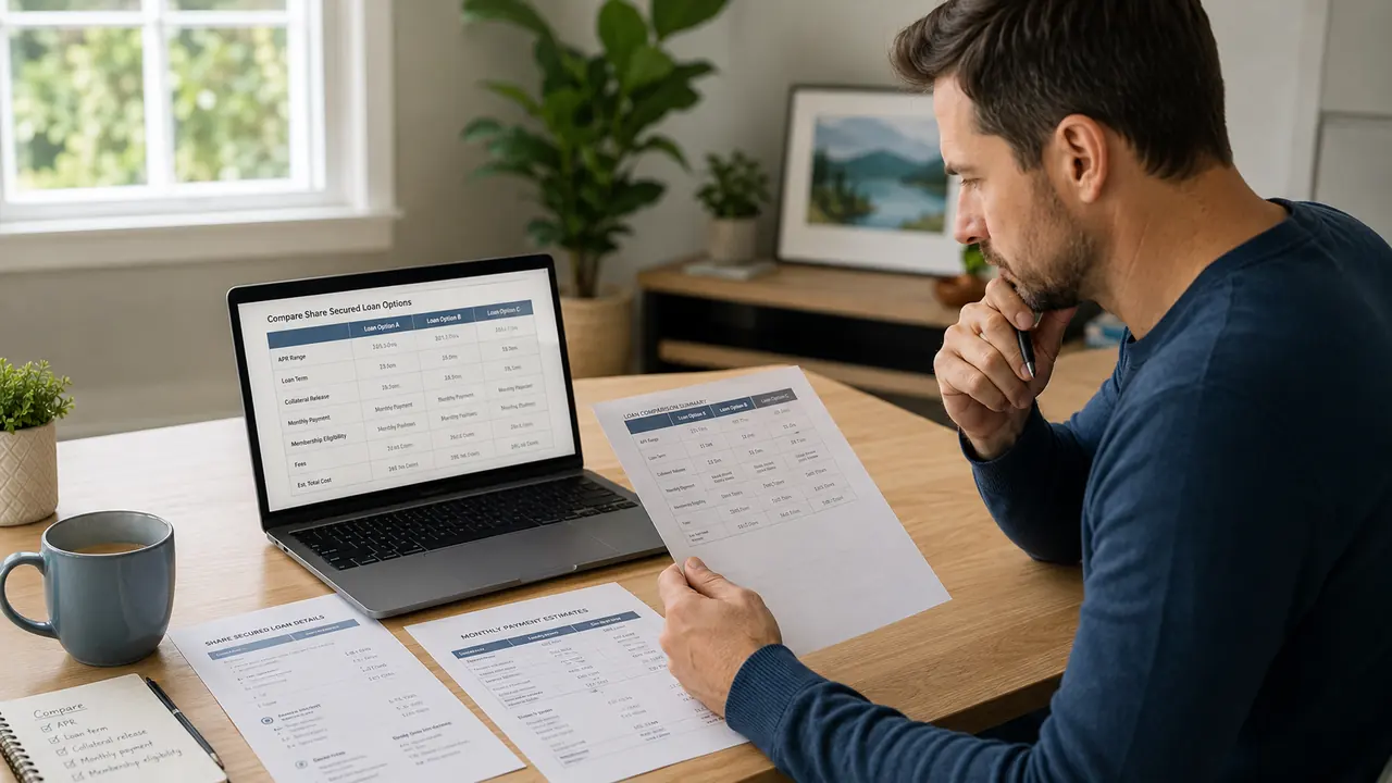 Borrower comparing share secured loan rates and terms from credit unions