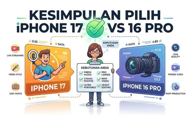 Ilustrasi kesimpulan panduan dan saran dalam memilih kualitas kamera antara iPhone 17 vs 16 Pro sesuai kebutuhan pengguna.