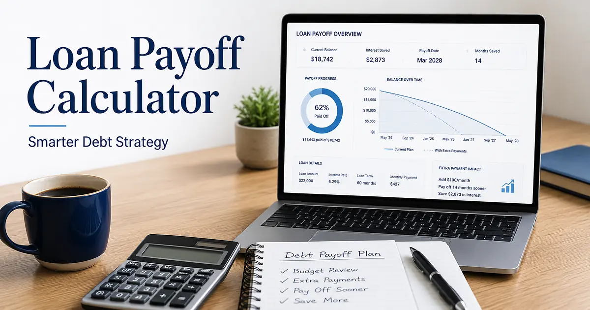 Loan payoff calculator dashboard showing debt balance, interest savings, payoff progress, and extra payment strategy