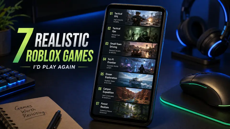 Phone displaying seven realistic Roblox-inspired game previews on a modern gaming desk.
