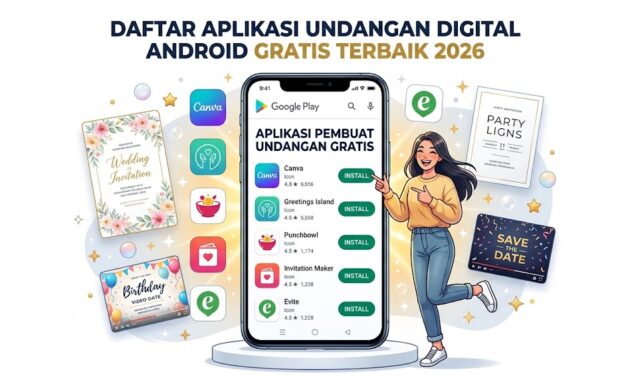 Ilustrasi daftar rekomendasi aplikasi undangan digital Android gratis terbaik tahun 2026 dengan berbagai template desain estetik.