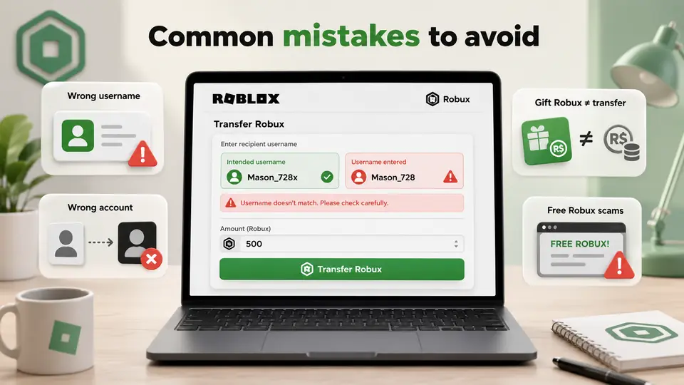 Robux transfer mistake illustration showing a username mismatch warning, wrong account alerts, Gift Robux confusion, and free Robux scam risks.