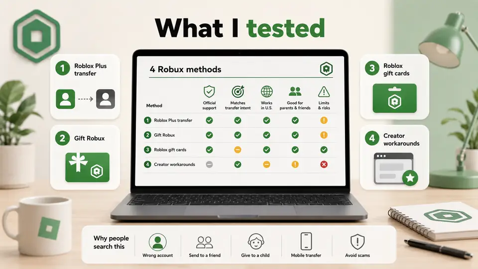 Laptop illustration comparing four Robux transfer methods, including Roblox Plus, Gift Robux, gift cards, and creator workarounds.