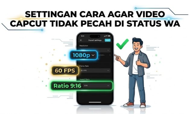Ilustrasi panduan setting resolusi 1080p dan 60 fps sebagai cara agar video Capcut tidak pecah di status WA.