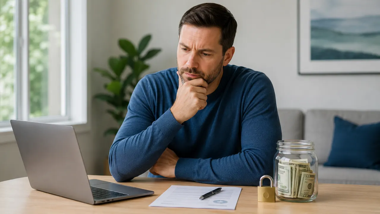 Thoughtful man considering a share-secured loan at a clean desk with a laptop, loan document, savings jar, and padlock.