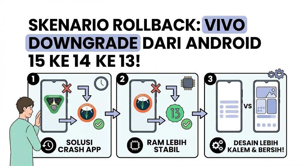 Gambar ilustrasi yang menampilkan berbagai skenario turun versi sistem Android dalam artikel vivo downgrade.