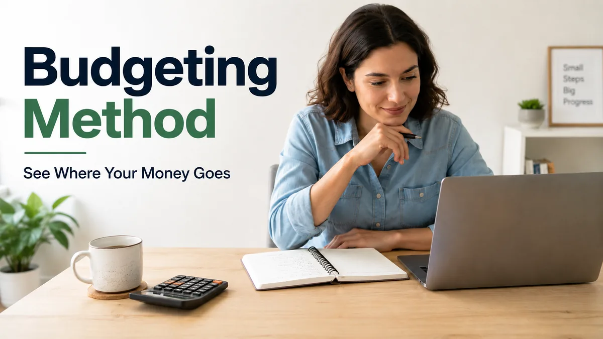 Woman reviewing her budget on a laptop in a calm workspace with a notebook and calculator, representing a realistic budgeting method to track where money goes.