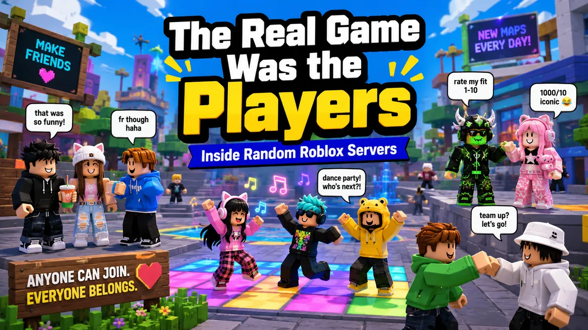 Roblox-style players gathering in a colorful random server lobby with avatars chatting, dancing, teaming up, and creating social gameplay moments.