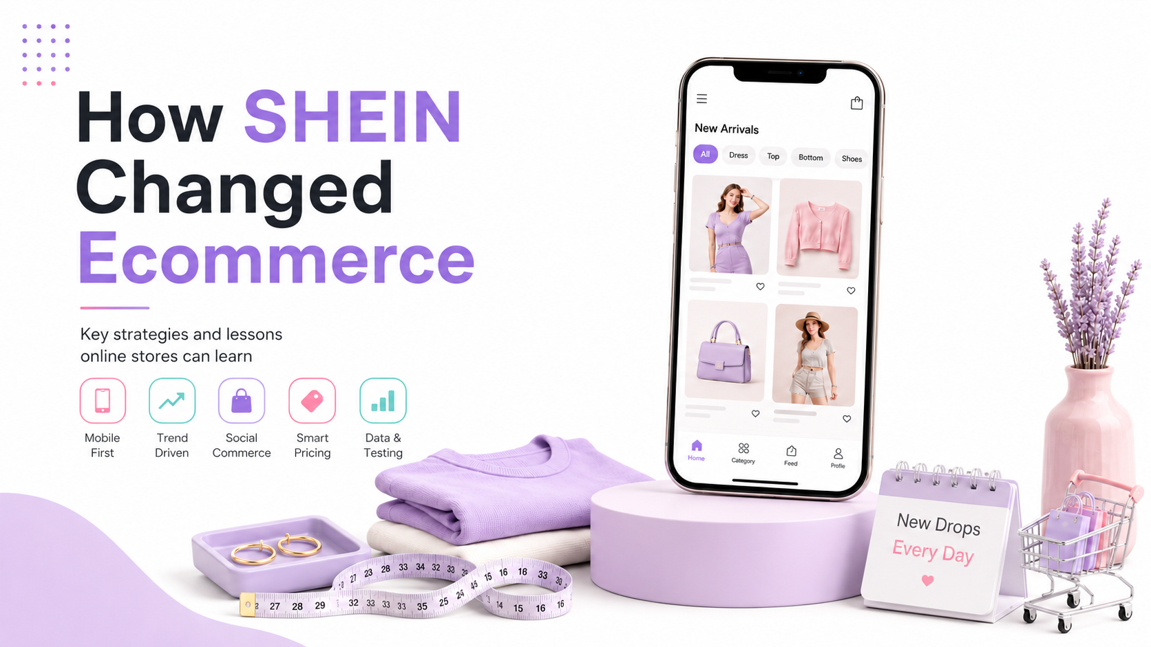 Hero image showing a fashion ecommerce mobile app, product discovery feed, social media icons, review stars, analytics charts, and logistics lines representing SHEIN ecommerce strategy.