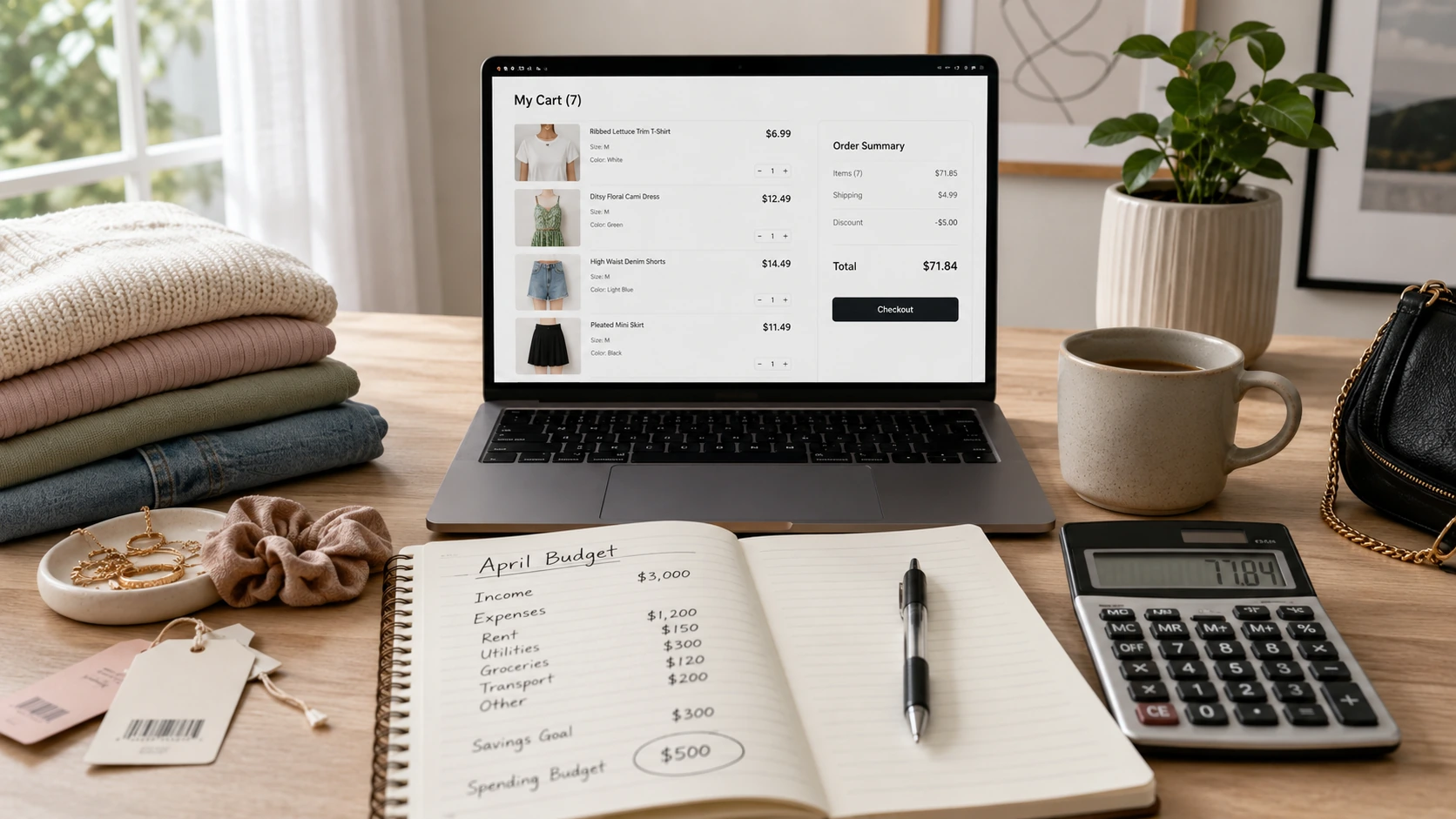 Realistic online shopping scene showing a fashion cart on a laptop beside small clothing items, a budget notebook, and a calculator, representing how small purchases add up quickly.